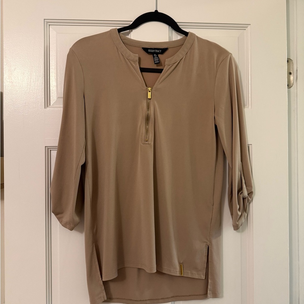 Ellen Tracy Tan Blouse with Gold Zipper